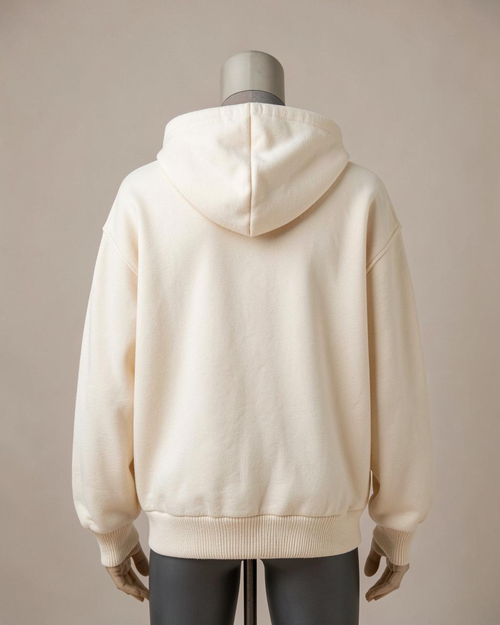 Back view showing the double-layer structured hood and ribbed hem