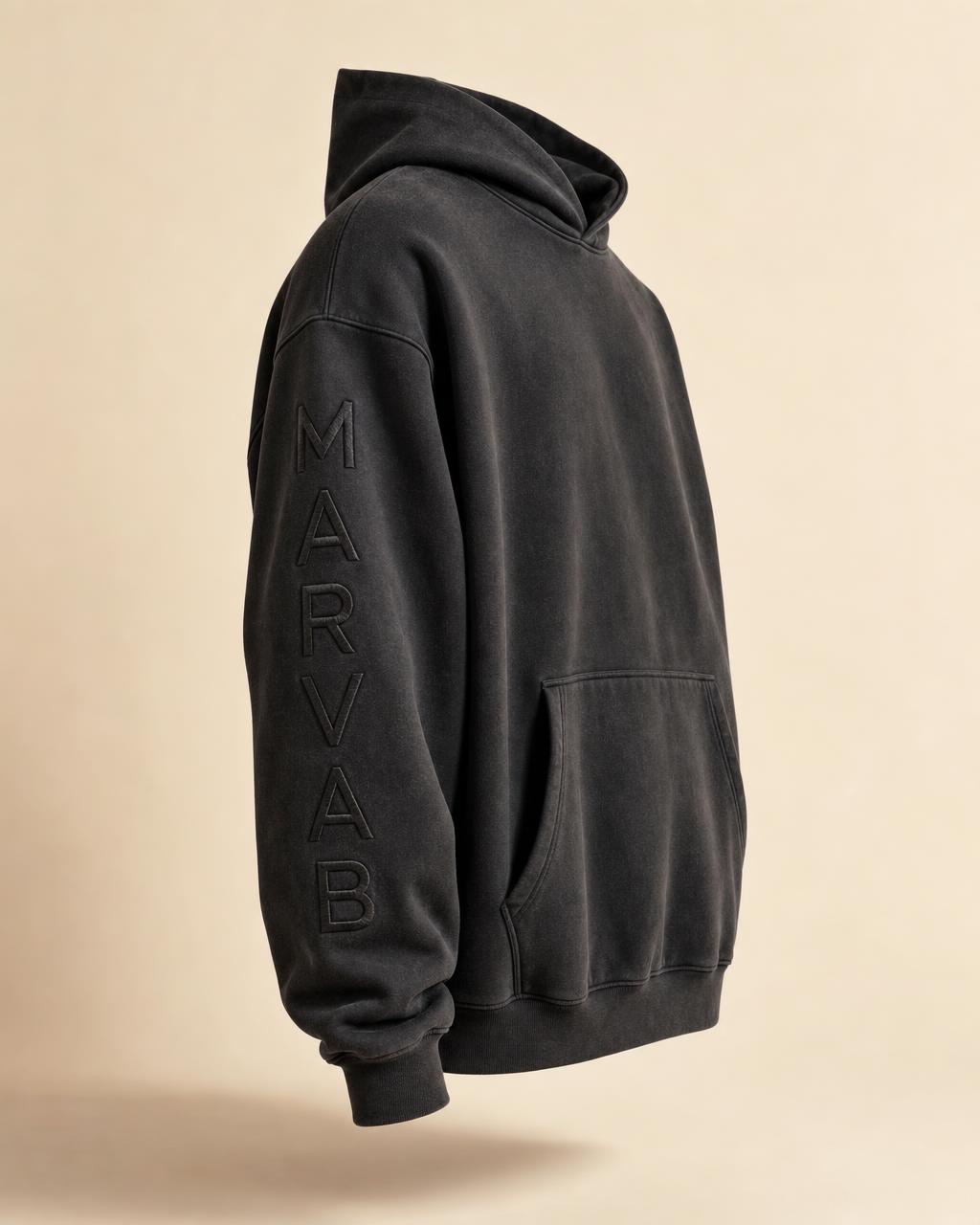 CORE 001 Hoodie in Washed Black, shown straight on