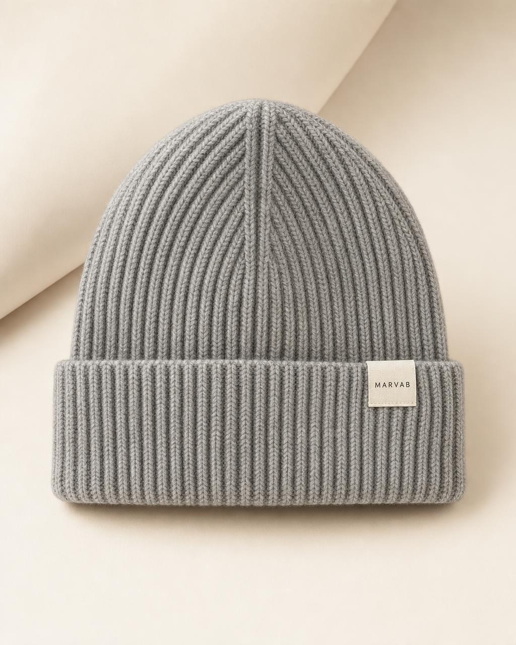 CORE 006 Beanie in Heather Grey with the woven MARVAB label
